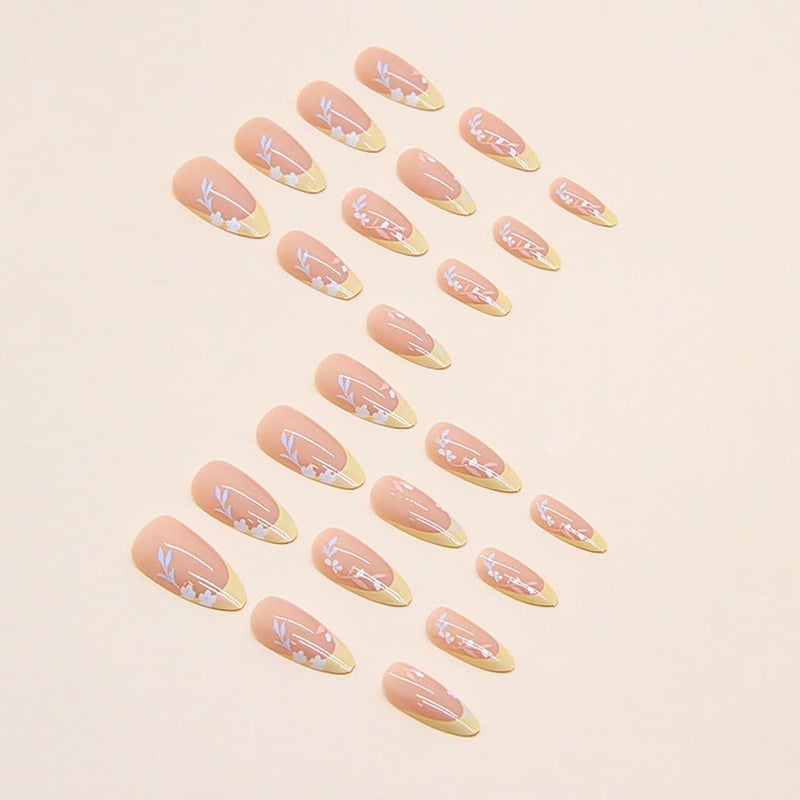RikView French Tip Press on Nails Medium Length Fake Nails Almond Acrylic Nails Glossy Yellow Nails - Image 3